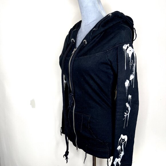 RARE Lauren Moshi Drama Face Hoodie Size XS Black Fringe Cotton Goth Distressed - Picture 12 of 16